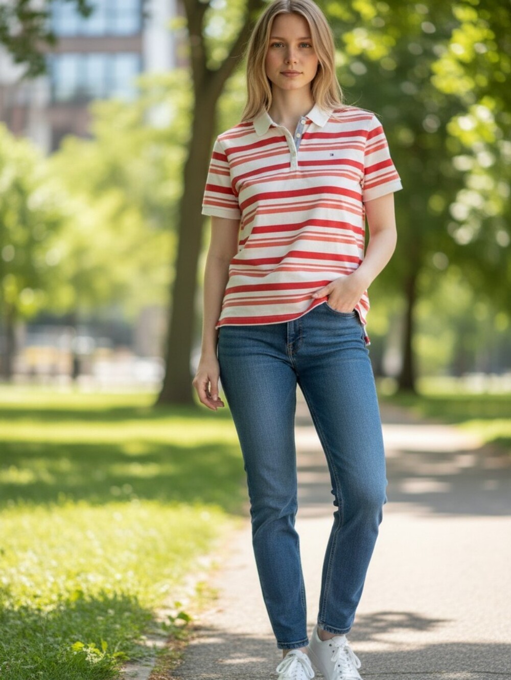 Tommy Hilfiger Red & White Striped Polo Shirt